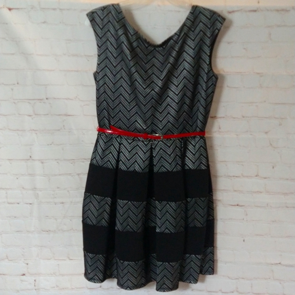 Tiana B. Sleeveless Black and Silver Belted Dress